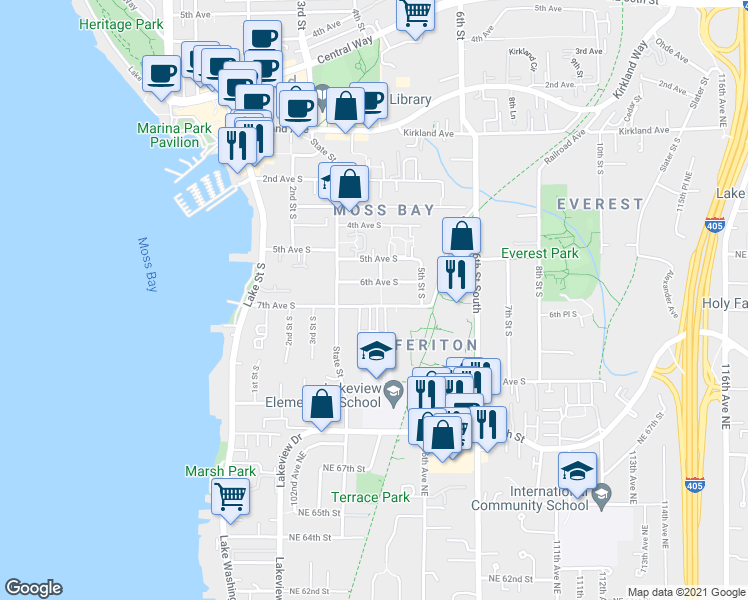 map of restaurants, bars, coffee shops, grocery stores, and more near 733 4th Court South in Kirkland
