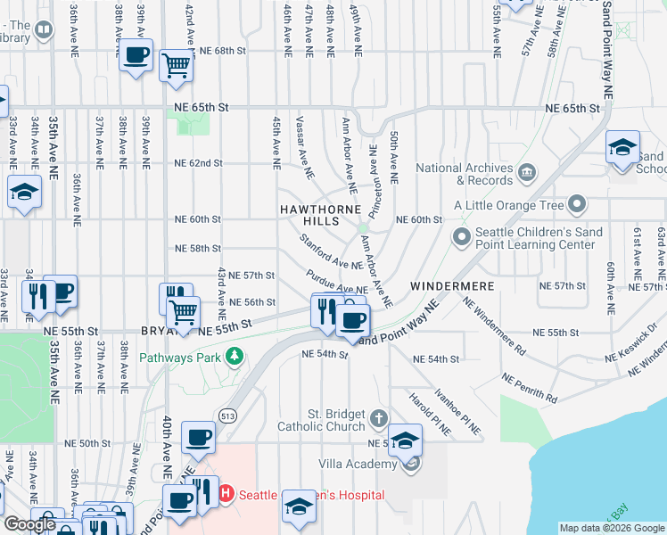 map of restaurants, bars, coffee shops, grocery stores, and more near 4569 Purdue Avenue Northeast in Seattle