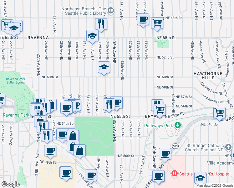 map of restaurants, bars, coffee shops, grocery stores, and more near 5551 35th Avenue Northeast in Seattle