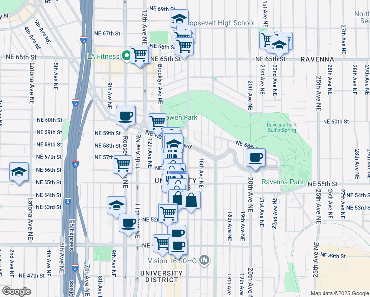 map of restaurants, bars, coffee shops, grocery stores, and more near 5616 15th Avenue Northeast in Seattle
