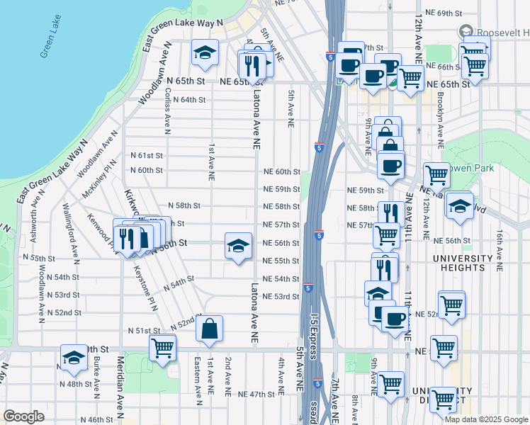 map of restaurants, bars, coffee shops, grocery stores, and more near 315 Northeast 57th Street in Seattle