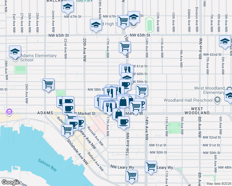 map of restaurants, bars, coffee shops, grocery stores, and more near 1527 Northwest 57th Street in Seattle