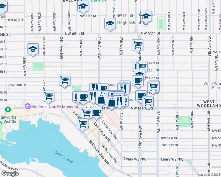 map of restaurants, bars, coffee shops, grocery stores, and more near 1743 Northwest 57th Street in Seattle