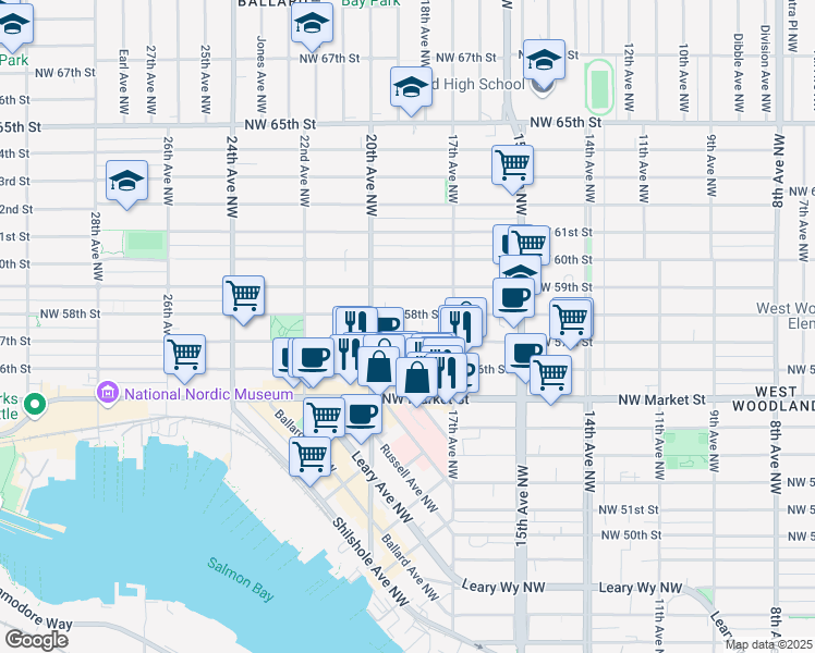 map of restaurants, bars, coffee shops, grocery stores, and more near 1743 Northwest 57th Street in Seattle