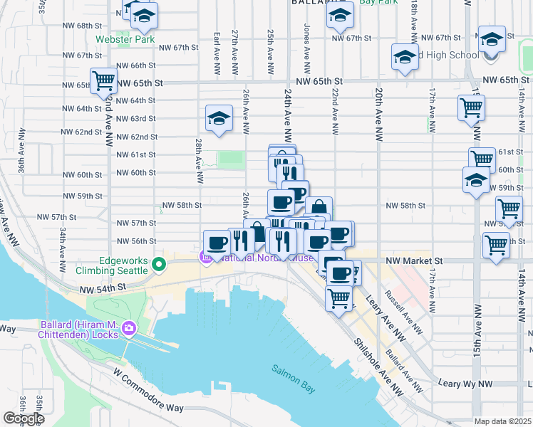 map of restaurants, bars, coffee shops, grocery stores, and more near 2437 Northwest 57th Street in Seattle