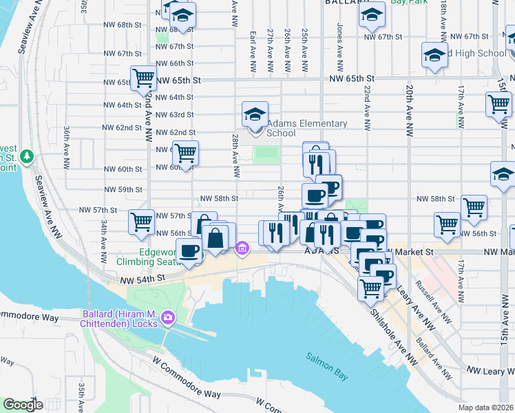 map of restaurants, bars, coffee shops, grocery stores, and more near 2619B Northwest 57th Street in Seattle