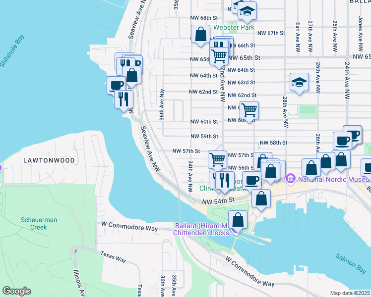 map of restaurants, bars, coffee shops, grocery stores, and more near 3406 Northwest 56th Street in Seattle