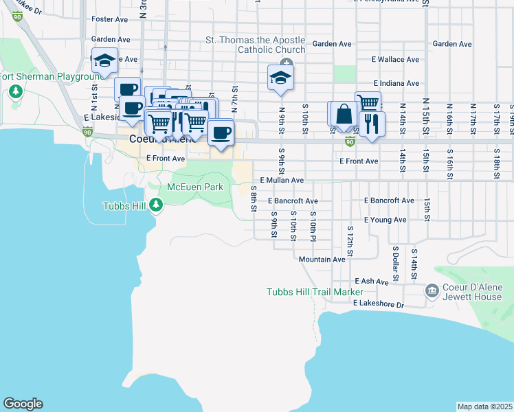 map of restaurants, bars, coffee shops, grocery stores, and more near 802 East Bancroft Avenue in Coeur d'Alene