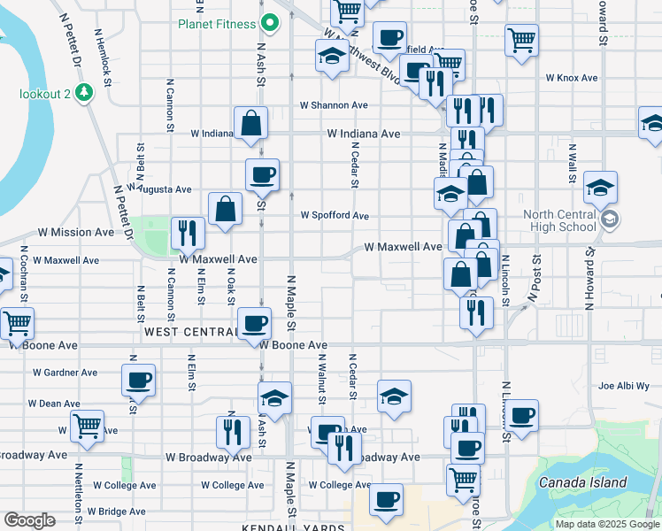 map of restaurants, bars, coffee shops, grocery stores, and more near 1411 North Cedar Street in Spokane