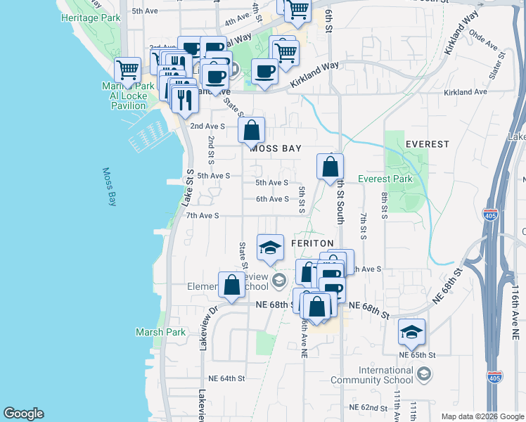 map of restaurants, bars, coffee shops, grocery stores, and more near 326 7th Avenue South in Kirkland