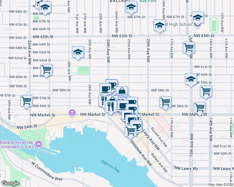 map of restaurants, bars, coffee shops, grocery stores, and more near 2233 Northwest 58th Street in Seattle