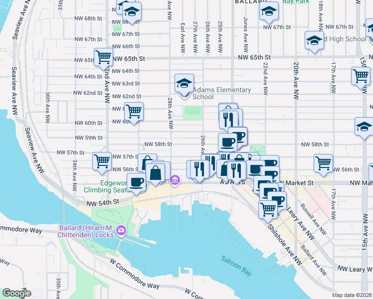 map of restaurants, bars, coffee shops, grocery stores, and more near 2619B Northwest 57th Street in Seattle