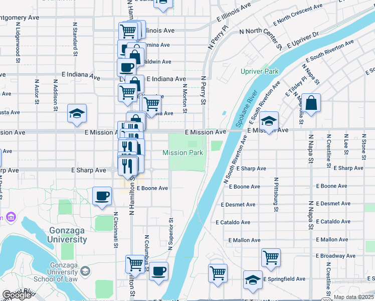 map of restaurants, bars, coffee shops, grocery stores, and more near 1208 East Mission Avenue in Spokane