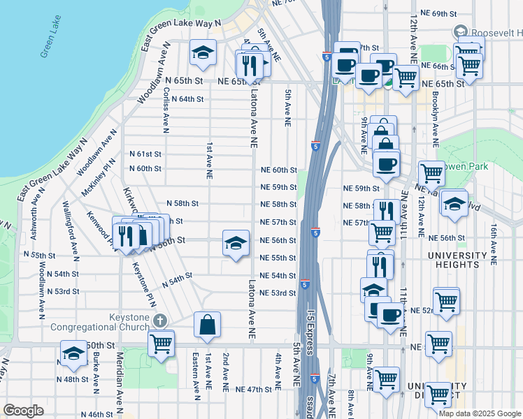 map of restaurants, bars, coffee shops, grocery stores, and more near 311 Northeast 58th Street in Seattle