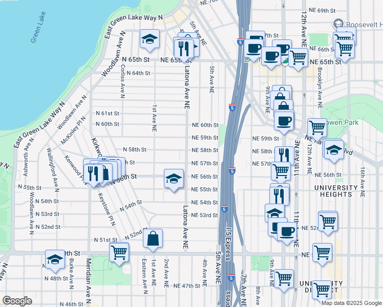 map of restaurants, bars, coffee shops, grocery stores, and more near 307 Northeast 58th Street in Seattle