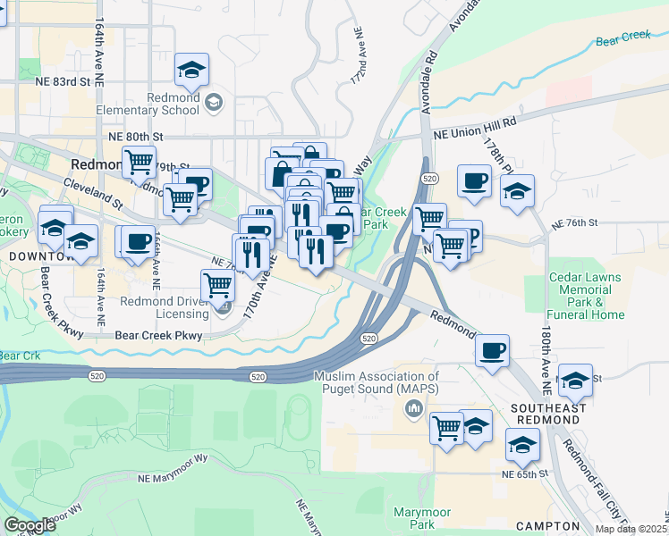 map of restaurants, bars, coffee shops, grocery stores, and more near 17258 Redmond Way in Redmond