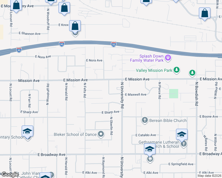map of restaurants, bars, coffee shops, grocery stores, and more near 10602 East Maxwell Avenue in Spokane Valley