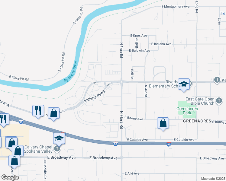 map of restaurants, bars, coffee shops, grocery stores, and more near 17016 East Indiana Avenue in Spokane Valley