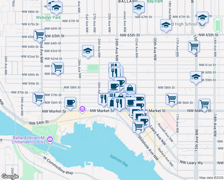 map of restaurants, bars, coffee shops, grocery stores, and more near 5615 Northwest 57th Street in Seattle
