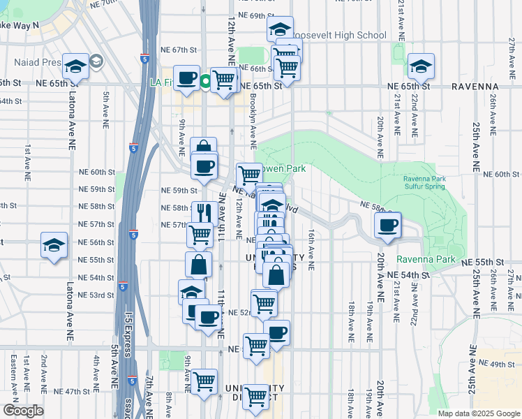 map of restaurants, bars, coffee shops, grocery stores, and more near 5642 Brooklyn Avenue Northeast in Seattle