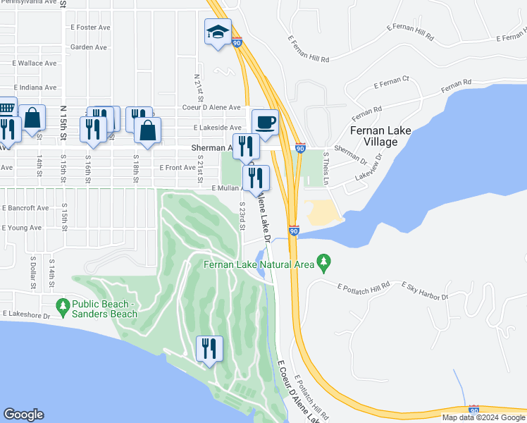 map of restaurants, bars, coffee shops, grocery stores, and more near 320 East Coeur D'Alene Lake Drive in Coeur d'Alene