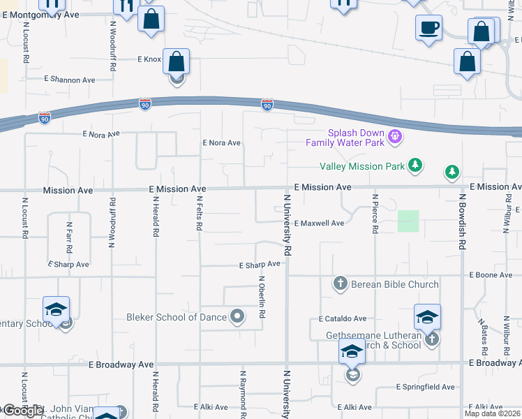 map of restaurants, bars, coffee shops, grocery stores, and more near 10602 East Maxwell Avenue in Spokane Valley