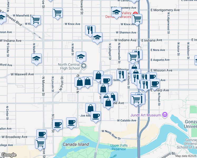 map of restaurants, bars, coffee shops, grocery stores, and more near 1212 North Washington Street in Spokane