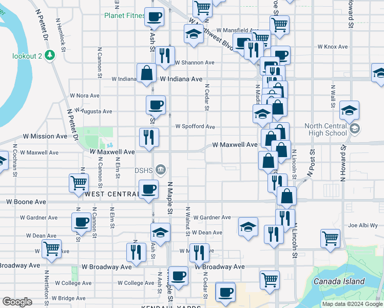 map of restaurants, bars, coffee shops, grocery stores, and more near 1411 North Cedar Street in Spokane