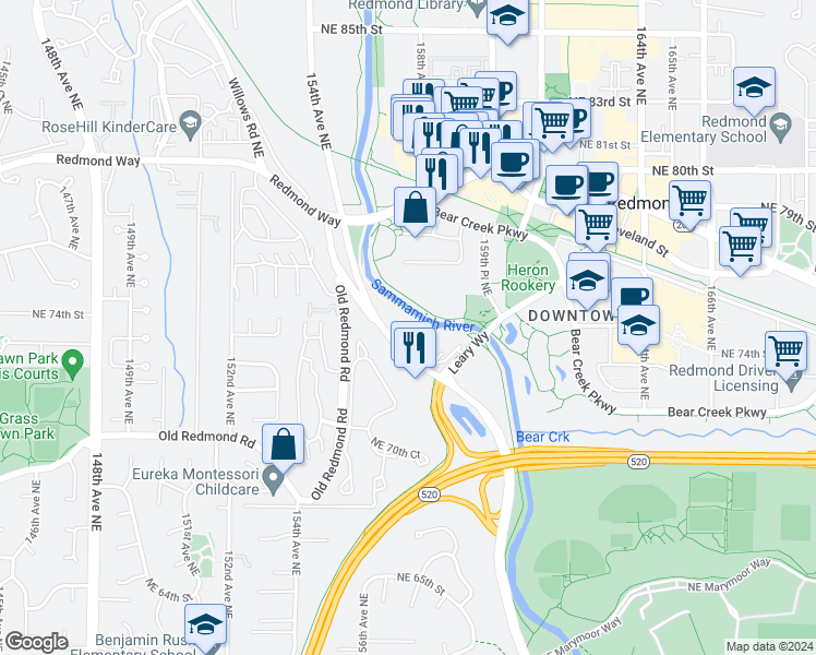 map of restaurants, bars, coffee shops, grocery stores, and more near 7416 West Lake Sammamish Parkway Northeast in Redmond