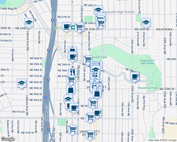 map of restaurants, bars, coffee shops, grocery stores, and more near 5619 Brooklyn Avenue Northeast in Seattle