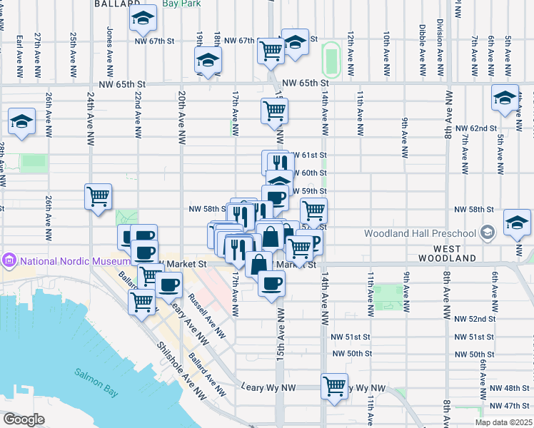 map of restaurants, bars, coffee shops, grocery stores, and more near 1527 Northwest 57th Street in Seattle