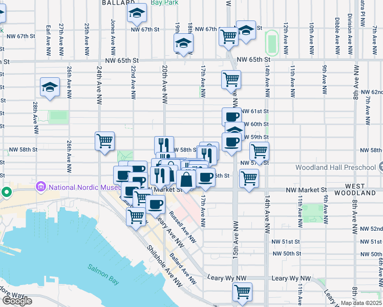 map of restaurants, bars, coffee shops, grocery stores, and more near 1743 Northwest 57th Street in Seattle