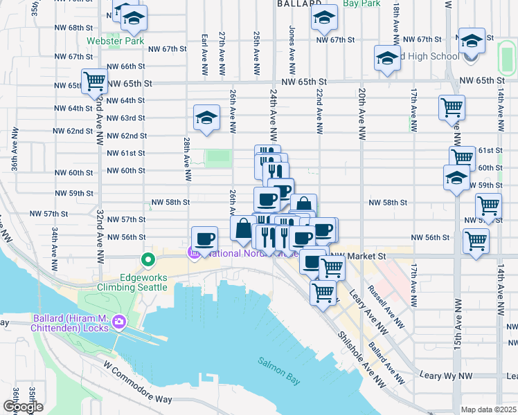 map of restaurants, bars, coffee shops, grocery stores, and more near 5615 Northwest 57th Street in Seattle