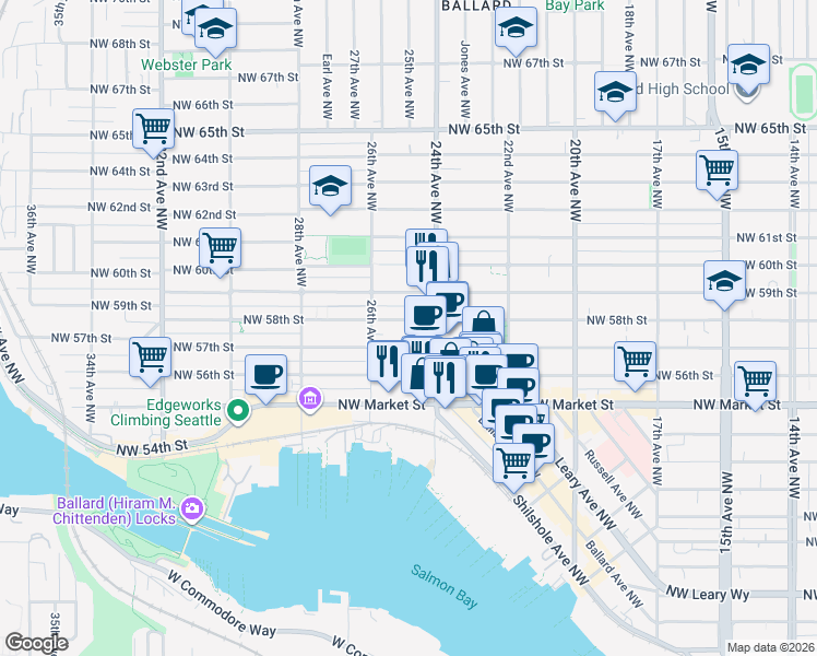 map of restaurants, bars, coffee shops, grocery stores, and more near 5615 Northwest 57th Street in Seattle