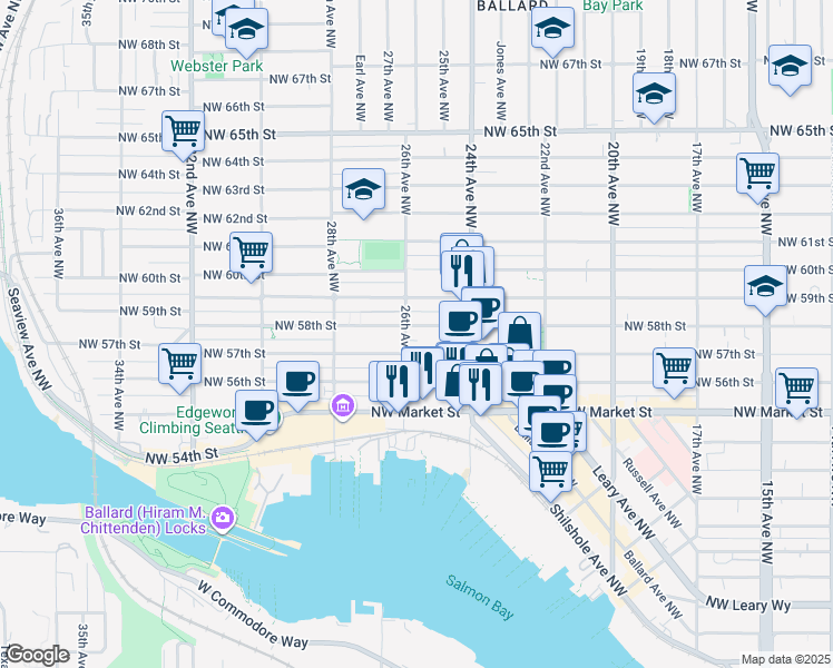 map of restaurants, bars, coffee shops, grocery stores, and more near 2437 Northwest 57th Street in Seattle