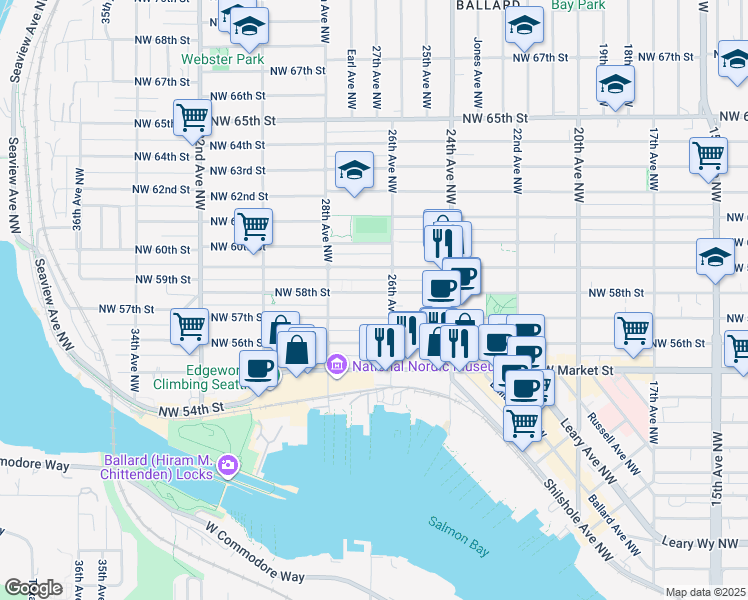 map of restaurants, bars, coffee shops, grocery stores, and more near 2619B Northwest 57th Street in Seattle