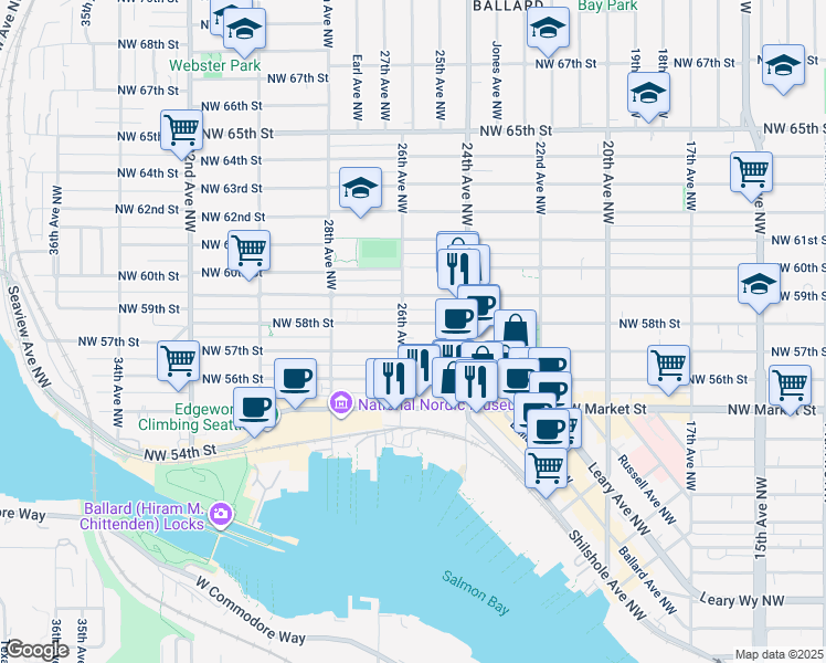 map of restaurants, bars, coffee shops, grocery stores, and more near 2447 Northwest 58th Street in Seattle