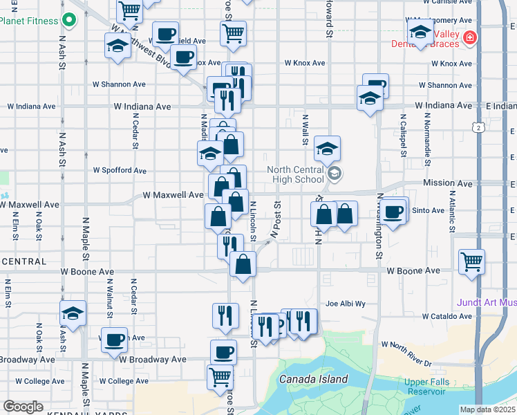 map of restaurants, bars, coffee shops, grocery stores, and more near 1328 North Lincoln Street in Spokane
