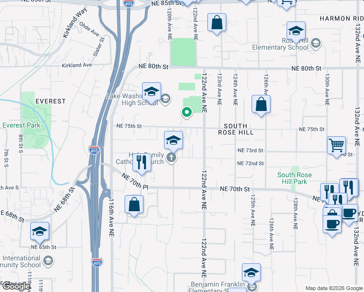 map of restaurants, bars, coffee shops, grocery stores, and more near 12020 Northeast 73rd Street in Kirkland