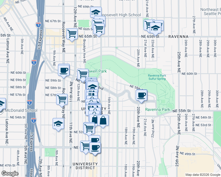 map of restaurants, bars, coffee shops, grocery stores, and more near 1621 Northeast Ravenna Boulevard in Seattle