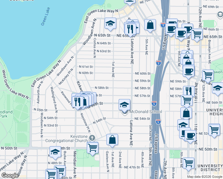 map of restaurants, bars, coffee shops, grocery stores, and more near 101 Northeast 57th Street in Seattle