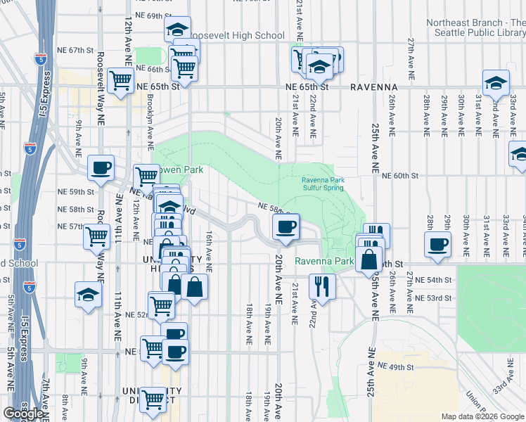 map of restaurants, bars, coffee shops, grocery stores, and more near 5619 20th Avenue Northeast in Seattle