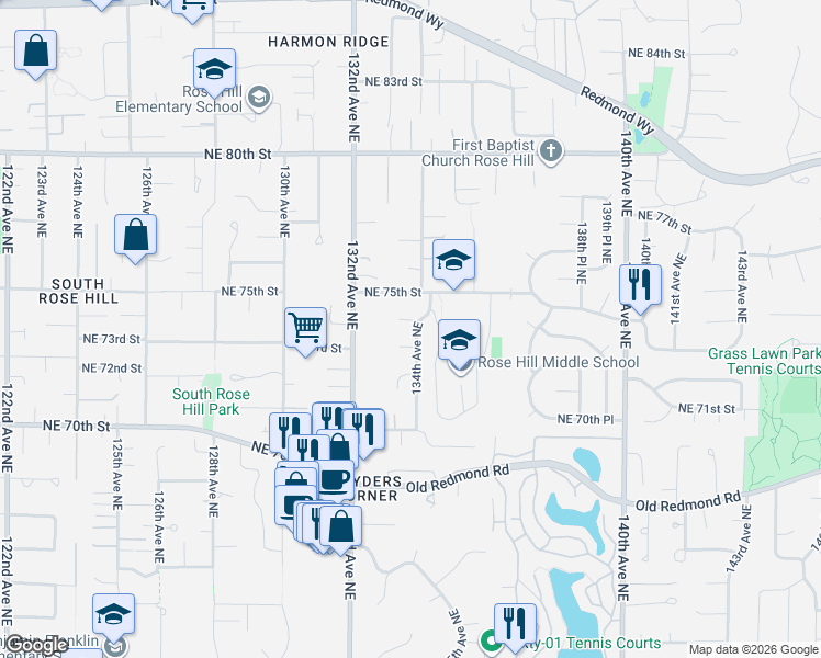 map of restaurants, bars, coffee shops, grocery stores, and more near 7309 134th Avenue Northeast in Redmond