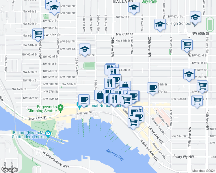 map of restaurants, bars, coffee shops, grocery stores, and more near 2411 Northwest 58th Street in Seattle