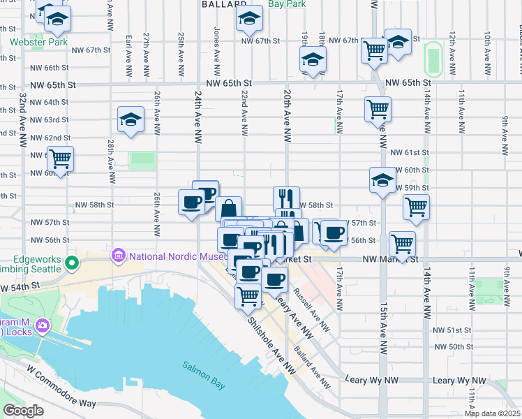 map of restaurants, bars, coffee shops, grocery stores, and more near 2035 Northwest 58th Street in Seattle