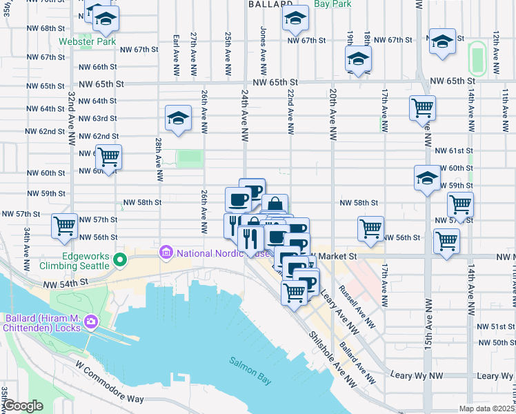 map of restaurants, bars, coffee shops, grocery stores, and more near 2237 Northwest 57th Street in Seattle