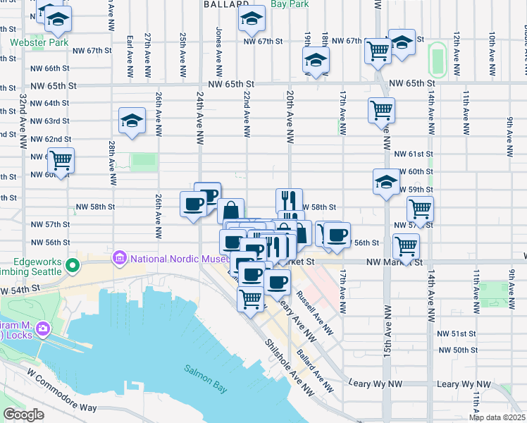 map of restaurants, bars, coffee shops, grocery stores, and more near 2035 Northwest 58th Street in Seattle