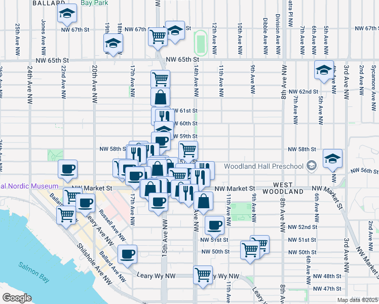 map of restaurants, bars, coffee shops, grocery stores, and more near 1400 Northwest 56th Street in Seattle