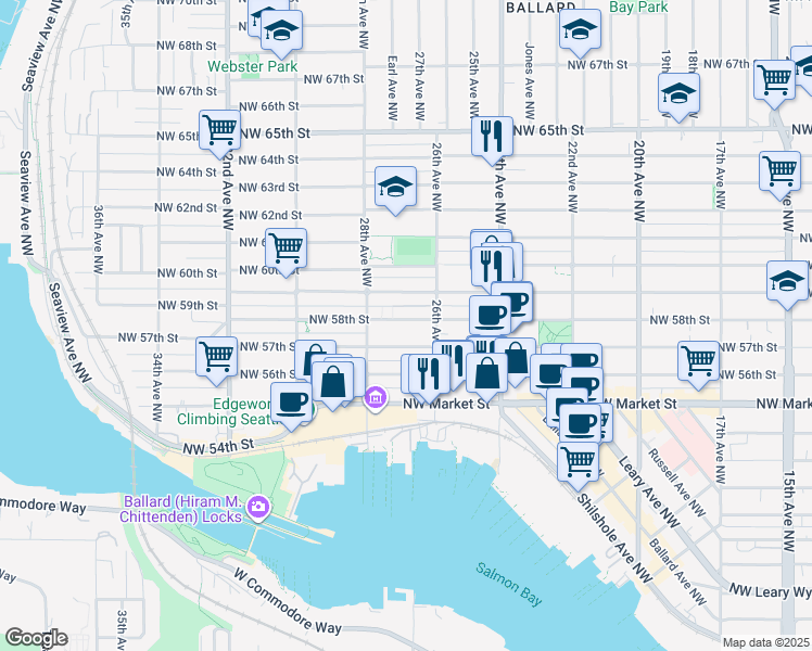 map of restaurants, bars, coffee shops, grocery stores, and more near 2625 Northwest 58th Street in Seattle