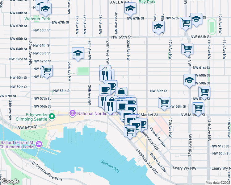 map of restaurants, bars, coffee shops, grocery stores, and more near 2233 Northwest 58th Street in Seattle